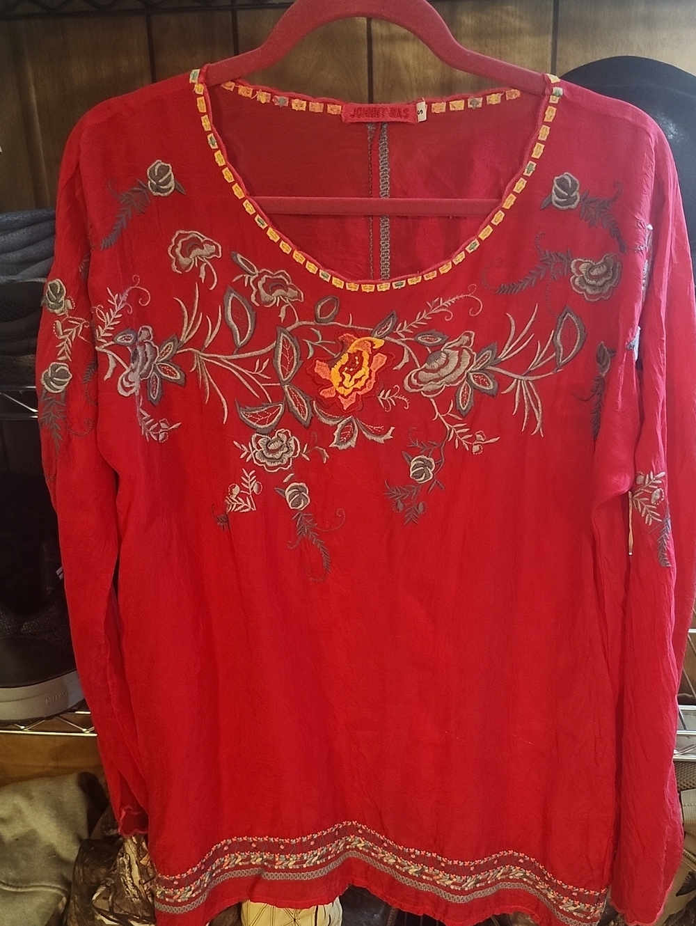 Johnny Was Red Floral Embroidered Long-Sleeve Tunic Top